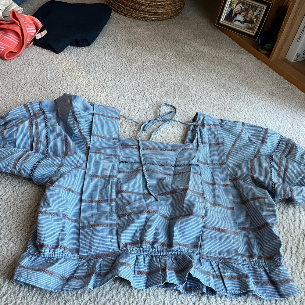 Treasure & Bond Blue and Brown Striped Ruffle Blouse with Tie Back